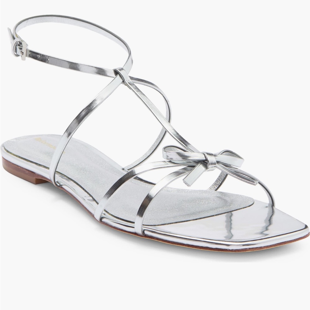 Reformation Silver Strappy Bow Ankle-Wrap Sandals